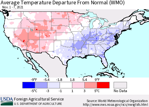 United States Average Temperature Departure From Normal (WMO) Thematic Map For 11/1/2021 - 11/7/2021