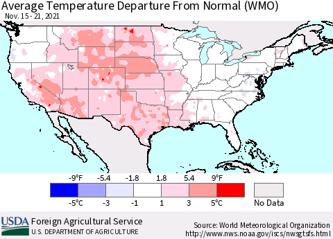 United States Average Temperature Departure from Normal (WMO) Thematic Map For 11/15/2021 - 11/21/2021