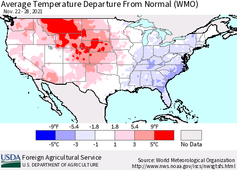 United States Average Temperature Departure from Normal (WMO) Thematic Map For 11/22/2021 - 11/28/2021