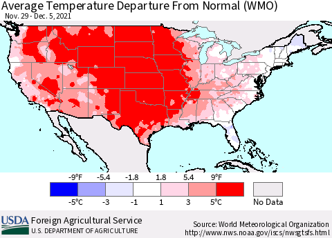 United States Average Temperature Departure From Normal (WMO) Thematic Map For 11/29/2021 - 12/5/2021