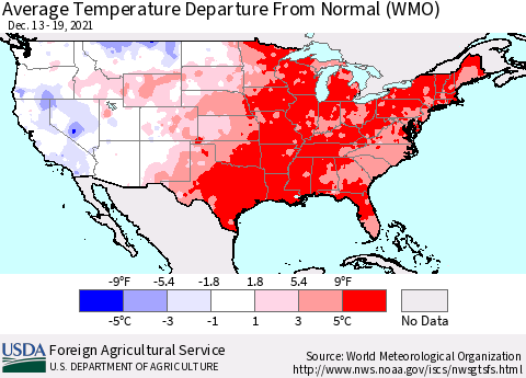 United States Average Temperature Departure from Normal (WMO) Thematic Map For 12/13/2021 - 12/19/2021