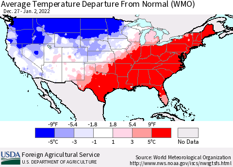 United States Average Temperature Departure from Normal (WMO) Thematic Map For 12/27/2021 - 1/2/2022
