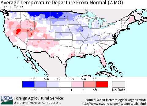 United States Average Temperature Departure from Normal (WMO) Thematic Map For 1/3/2022 - 1/9/2022