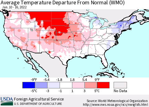 United States Average Temperature Departure from Normal (WMO) Thematic Map For 1/10/2022 - 1/16/2022