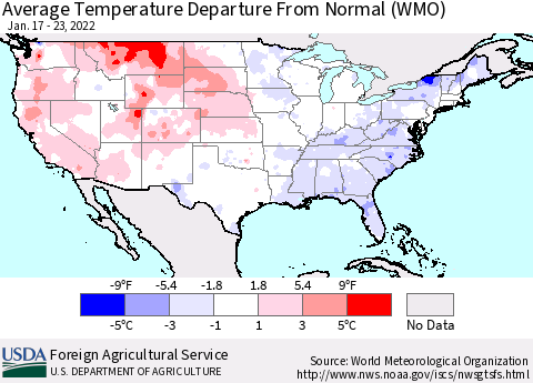 United States Average Temperature Departure from Normal (WMO) Thematic Map For 1/17/2022 - 1/23/2022