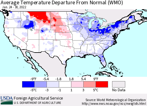 United States Average Temperature Departure from Normal (WMO) Thematic Map For 1/24/2022 - 1/30/2022