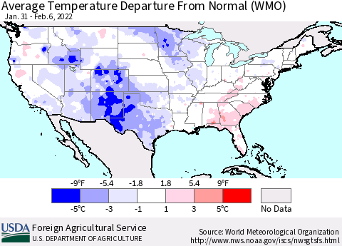 United States Average Temperature Departure from Normal (WMO) Thematic Map For 1/31/2022 - 2/6/2022