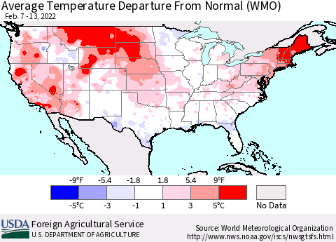 United States Average Temperature Departure from Normal (WMO) Thematic Map For 2/7/2022 - 2/13/2022