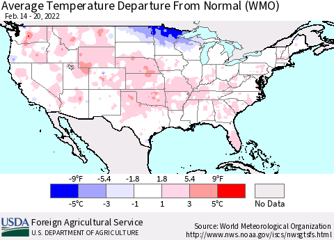 United States Average Temperature Departure from Normal (WMO) Thematic Map For 2/14/2022 - 2/20/2022