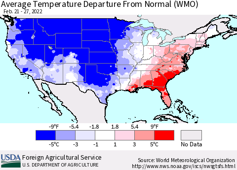 United States Average Temperature Departure from Normal (WMO) Thematic Map For 2/21/2022 - 2/27/2022