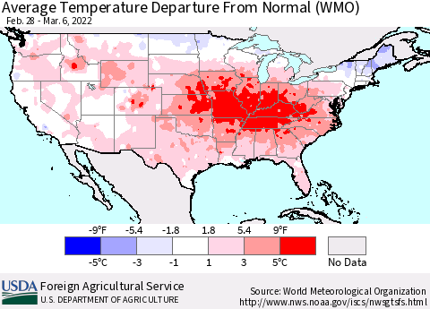 United States Average Temperature Departure from Normal (WMO) Thematic Map For 2/28/2022 - 3/6/2022