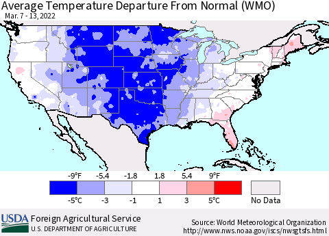 United States Average Temperature Departure from Normal (WMO) Thematic Map For 3/7/2022 - 3/13/2022
