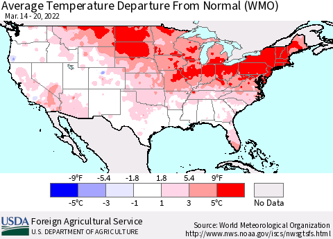 United States Average Temperature Departure from Normal (WMO) Thematic Map For 3/14/2022 - 3/20/2022