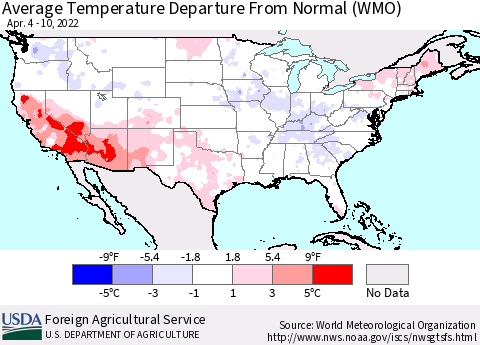 United States Average Temperature Departure from Normal (WMO) Thematic Map For 4/4/2022 - 4/10/2022