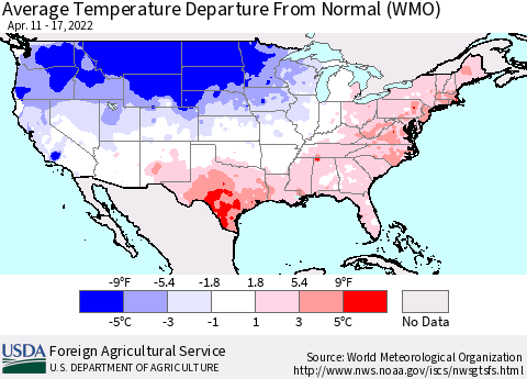 United States Average Temperature Departure from Normal (WMO) Thematic Map For 4/11/2022 - 4/17/2022