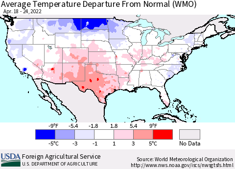 United States Average Temperature Departure from Normal (WMO) Thematic Map For 4/18/2022 - 4/24/2022