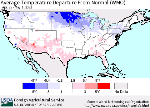 United States Average Temperature Departure from Normal (WMO) Thematic Map For 4/25/2022 - 5/1/2022
