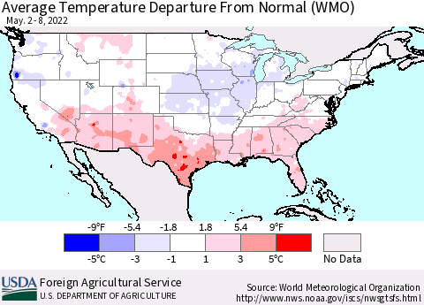 United States Average Temperature Departure from Normal (WMO) Thematic Map For 5/2/2022 - 5/8/2022