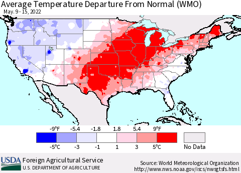 United States Average Temperature Departure from Normal (WMO) Thematic Map For 5/9/2022 - 5/15/2022