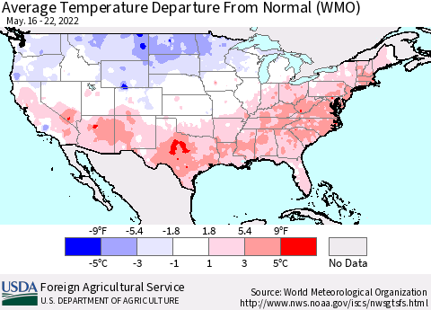 United States Average Temperature Departure from Normal (WMO) Thematic Map For 5/16/2022 - 5/22/2022