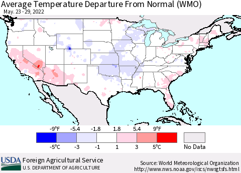United States Average Temperature Departure from Normal (WMO) Thematic Map For 5/23/2022 - 5/29/2022
