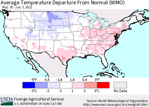 United States Average Temperature Departure from Normal (WMO) Thematic Map For 5/30/2022 - 6/5/2022