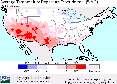 United States Average Temperature Departure from Normal (WMO) Thematic Map For 6/6/2022 - 6/12/2022