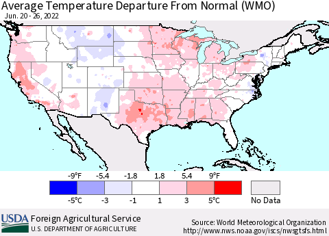 United States Average Temperature Departure from Normal (WMO) Thematic Map For 6/20/2022 - 6/26/2022