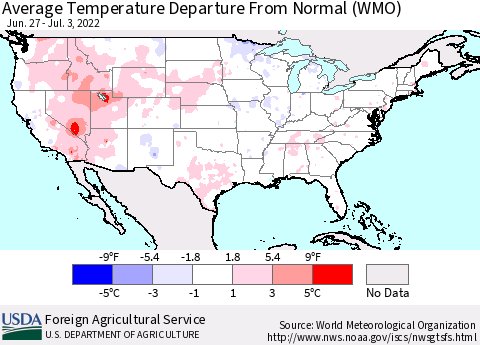 United States Average Temperature Departure from Normal (WMO) Thematic Map For 6/27/2022 - 7/3/2022