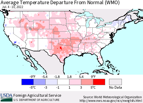 United States Average Temperature Departure from Normal (WMO) Thematic Map For 7/4/2022 - 7/10/2022