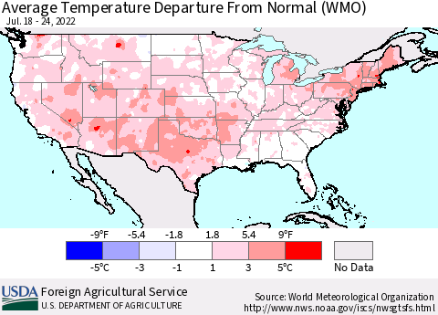 United States Average Temperature Departure from Normal (WMO) Thematic Map For 7/18/2022 - 7/24/2022