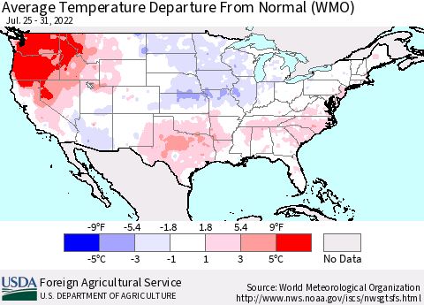 United States Average Temperature Departure from Normal (WMO) Thematic Map For 7/25/2022 - 7/31/2022