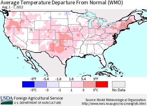 United States Average Temperature Departure from Normal (WMO) Thematic Map For 8/1/2022 - 8/7/2022