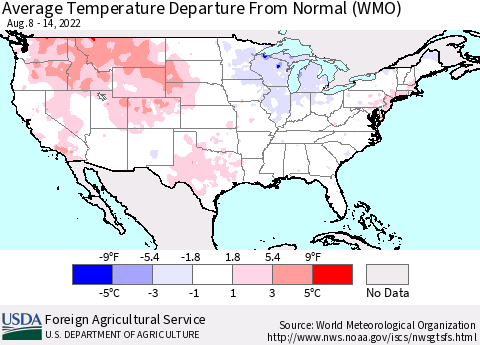 United States Average Temperature Departure from Normal (WMO) Thematic Map For 8/8/2022 - 8/14/2022