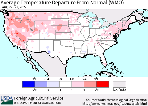 United States Average Temperature Departure from Normal (WMO) Thematic Map For 8/22/2022 - 8/28/2022