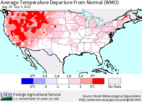 United States Average Temperature Departure from Normal (WMO) Thematic Map For 8/29/2022 - 9/4/2022