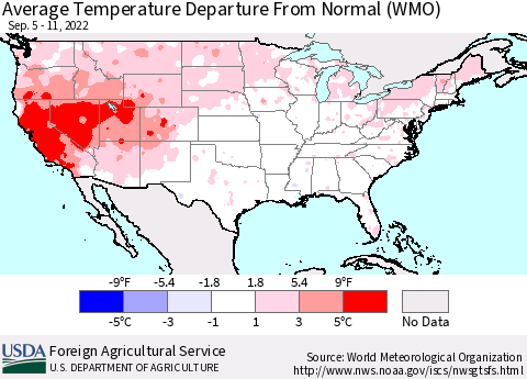 United States Average Temperature Departure from Normal (WMO) Thematic Map For 9/5/2022 - 9/11/2022