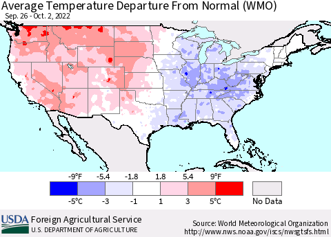 United States Average Temperature Departure from Normal (WMO) Thematic Map For 9/26/2022 - 10/2/2022