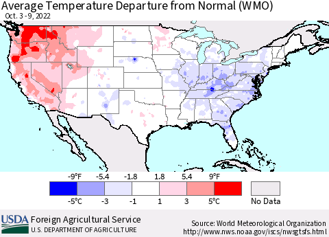 United States Average Temperature Departure from Normal (WMO) Thematic Map For 10/3/2022 - 10/9/2022