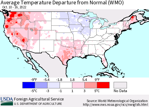 United States Average Temperature Departure from Normal (WMO) Thematic Map For 10/10/2022 - 10/16/2022