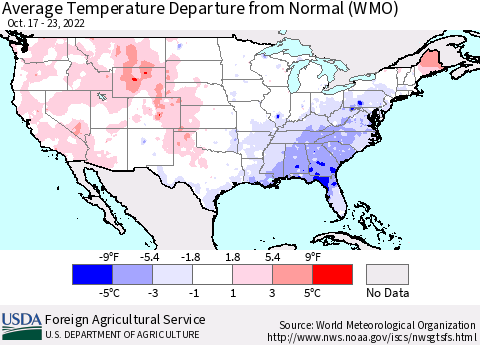 United States Average Temperature Departure from Normal (WMO) Thematic Map For 10/17/2022 - 10/23/2022