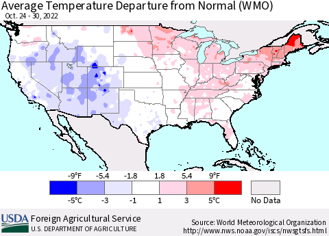 United States Average Temperature Departure from Normal (WMO) Thematic Map For 10/24/2022 - 10/30/2022