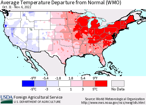 United States Average Temperature Departure from Normal (WMO) Thematic Map For 10/31/2022 - 11/6/2022