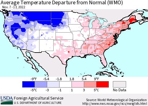 United States Average Temperature Departure from Normal (WMO) Thematic Map For 11/7/2022 - 11/13/2022