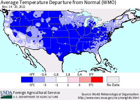 United States Average Temperature Departure from Normal (WMO) Thematic Map For 11/14/2022 - 11/20/2022