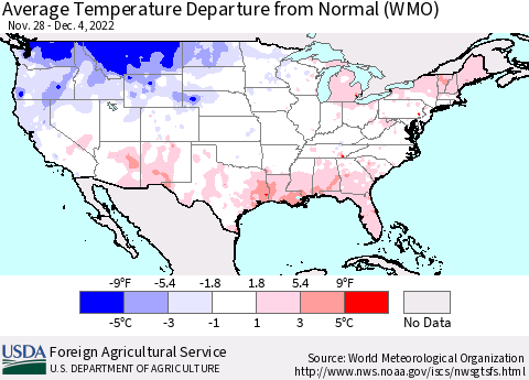 United States Average Temperature Departure from Normal (WMO) Thematic Map For 11/28/2022 - 12/4/2022