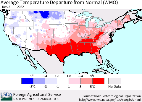United States Average Temperature Departure from Normal (WMO) Thematic Map For 12/5/2022 - 12/11/2022