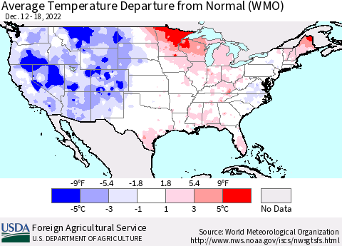 United States Average Temperature Departure from Normal (WMO) Thematic Map For 12/12/2022 - 12/18/2022