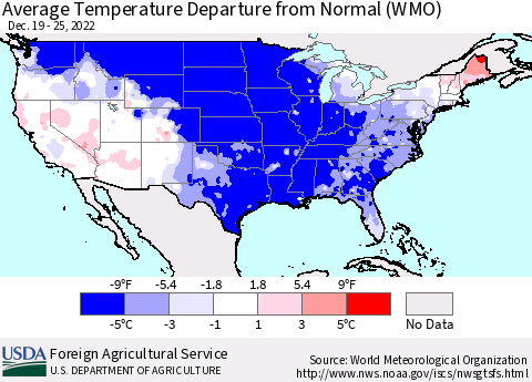 United States Average Temperature Departure from Normal (WMO) Thematic Map For 12/19/2022 - 12/25/2022