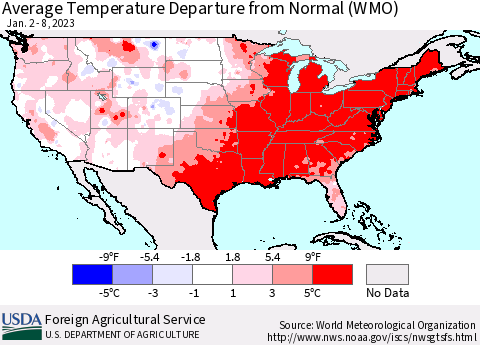 United States Average Temperature Departure from Normal (WMO) Thematic Map For 1/2/2023 - 1/8/2023